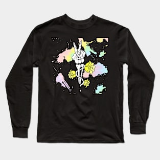 Retro Rainbow Skeleton Peace Design Long Sleeve T-Shirt